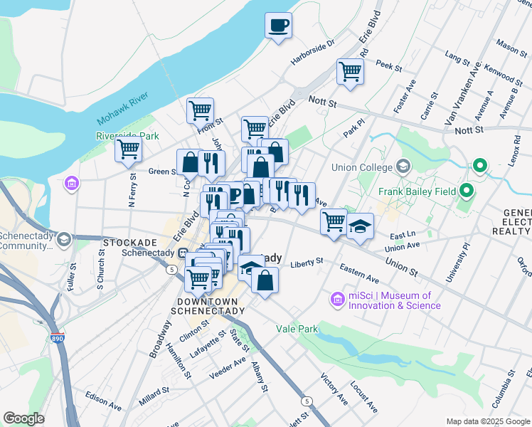 map of restaurants, bars, coffee shops, grocery stores, and more near 521 Union Street in Schenectady