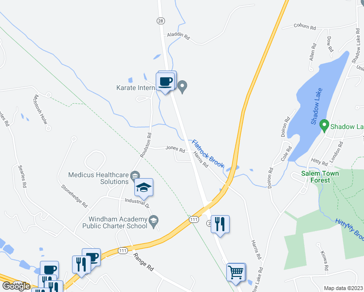 map of restaurants, bars, coffee shops, grocery stores, and more near 43 New Hampshire 28 in Windham
