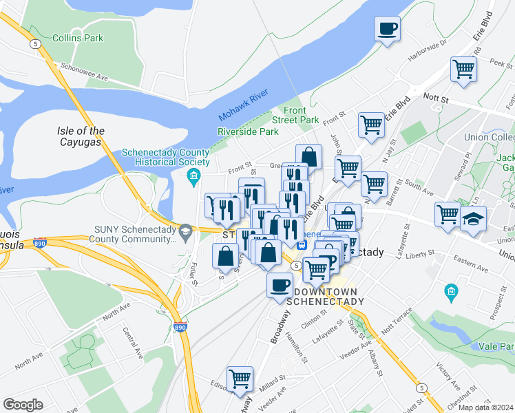 map of restaurants, bars, coffee shops, grocery stores, and more near 115 South Ferry Street in Schenectady
