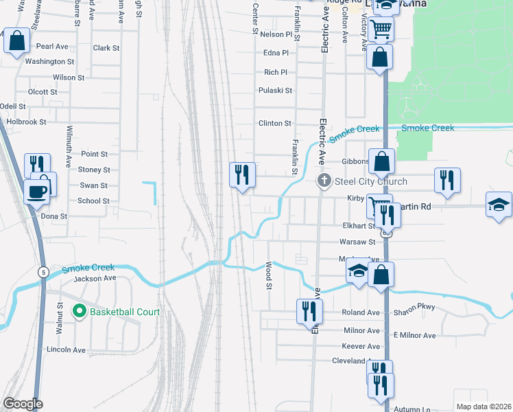 map of restaurants, bars, coffee shops, grocery stores, and more near 25 Warsaw Street in Lackawanna