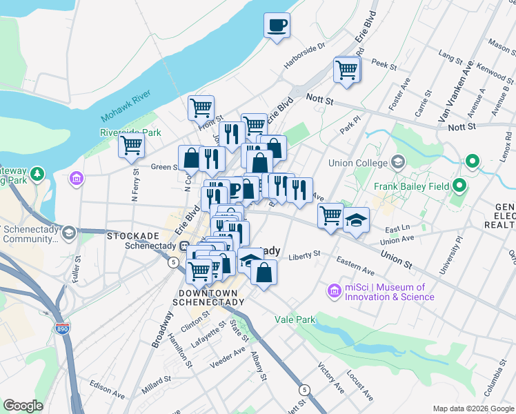 map of restaurants, bars, coffee shops, grocery stores, and more near 521 Union Street in Schenectady