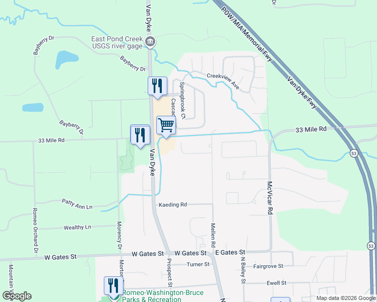 map of restaurants, bars, coffee shops, grocery stores, and more near 70897 Mellen Road in Macomb County