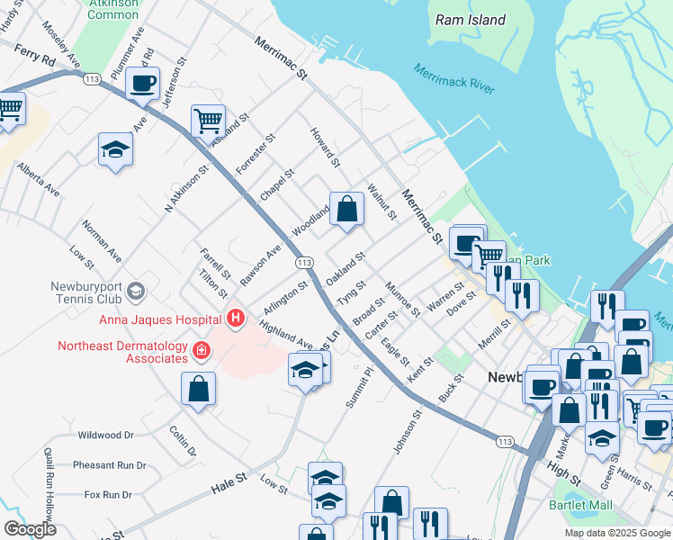 map of restaurants, bars, coffee shops, grocery stores, and more near 44 Oakland Street in Newburyport