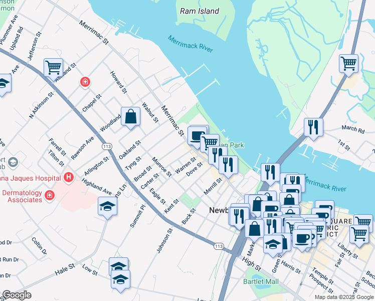 map of restaurants, bars, coffee shops, grocery stores, and more near 7 Carter Street in Newburyport