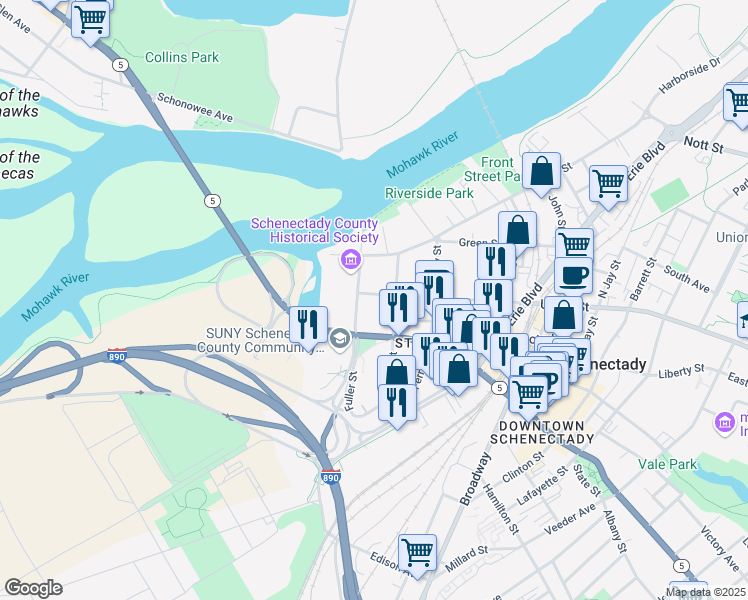 map of restaurants, bars, coffee shops, grocery stores, and more near 8 Union Street in Schenectady