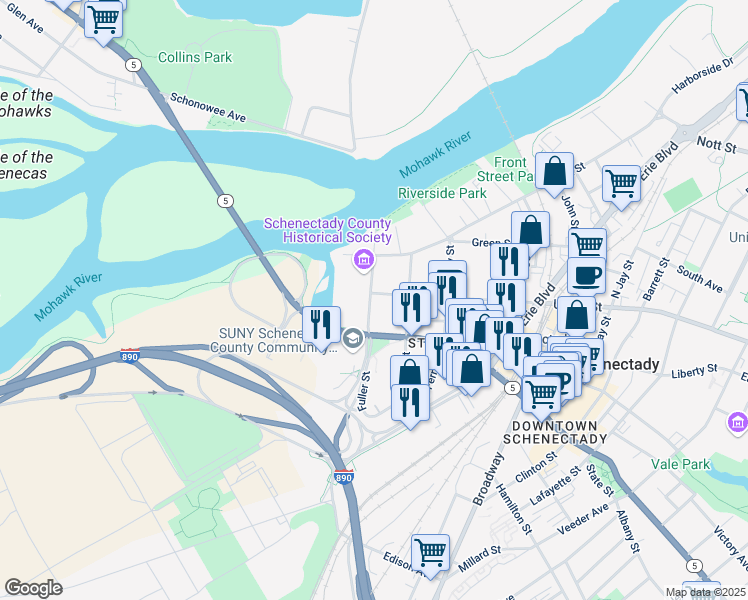 map of restaurants, bars, coffee shops, grocery stores, and more near 2 Union Street in Schenectady