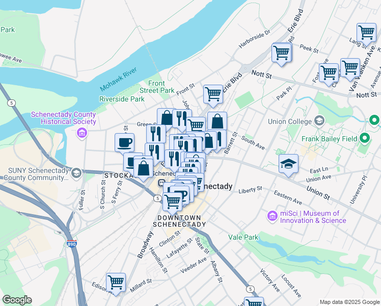 map of restaurants, bars, coffee shops, grocery stores, and more near 405 Union Street in Schenectady