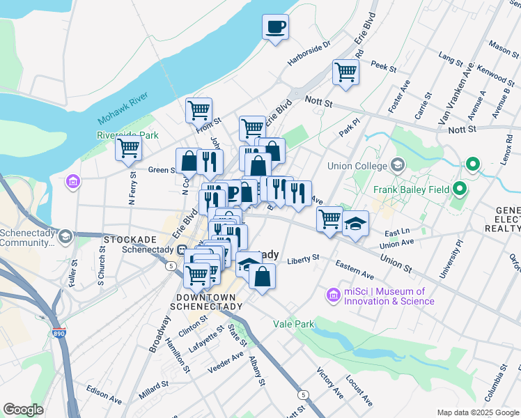 map of restaurants, bars, coffee shops, grocery stores, and more near 521 Union Street in Schenectady