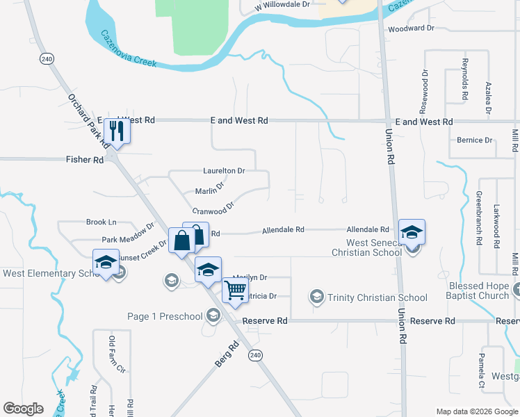 map of restaurants, bars, coffee shops, grocery stores, and more near 154 Allendale Road in West Seneca