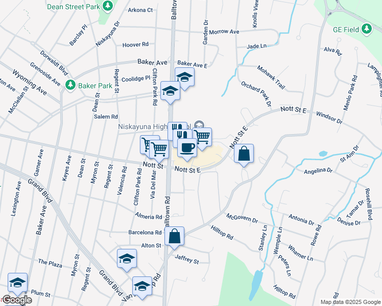 map of restaurants, bars, coffee shops, grocery stores, and more near 2303 Nott Street East in Schenectady County