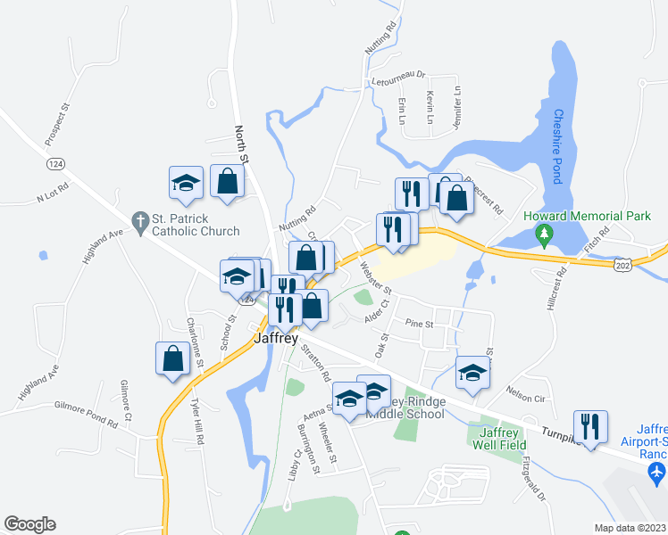 map of restaurants, bars, coffee shops, grocery stores, and more near 108 Peterborough Street in Jaffrey