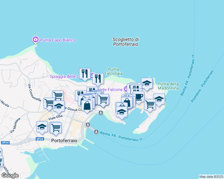 map of restaurants, bars, coffee shops, grocery stores, and more near 35 Via Giuseppe Ninci in Portoferraio
