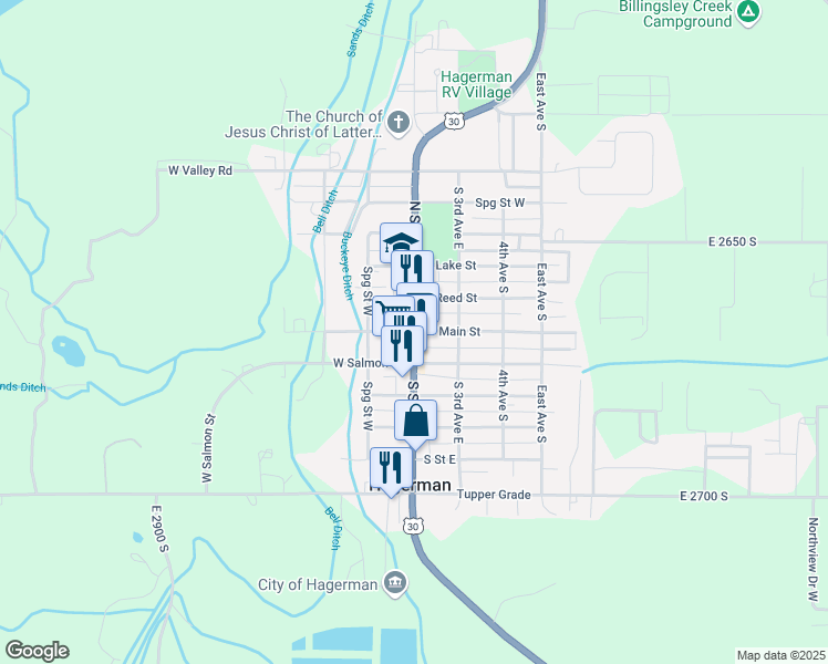map of restaurants, bars, coffee shops, grocery stores, and more near 100 North State Street in Hagerman