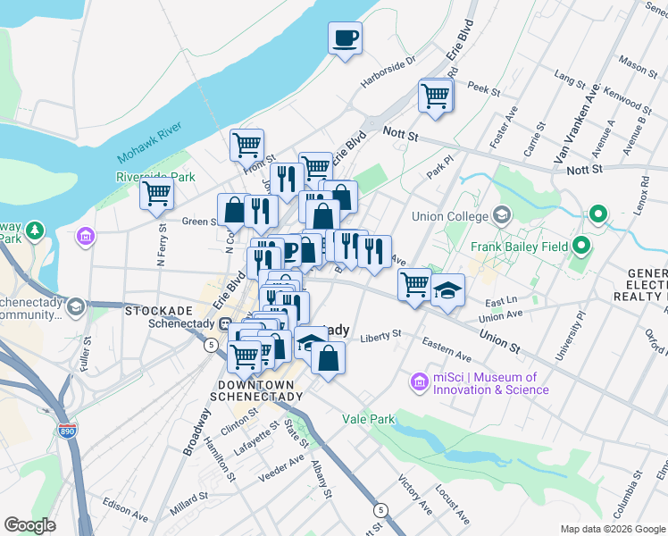 map of restaurants, bars, coffee shops, grocery stores, and more near 1013 Barrett Street in Schenectady
