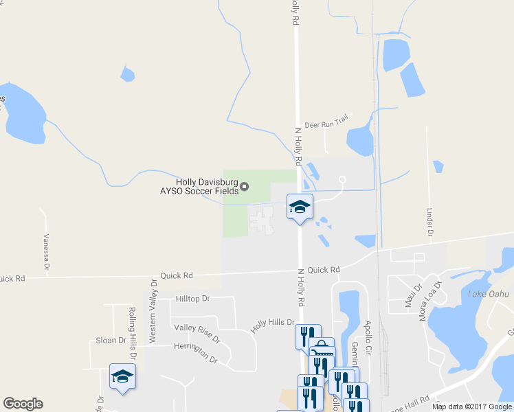 map of restaurants, bars, coffee shops, grocery stores, and more near 14470 North Holly Road in Holly