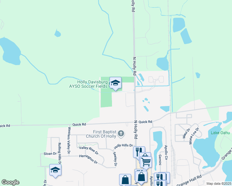 map of restaurants, bars, coffee shops, grocery stores, and more near 14470 North Holly Road in Holly