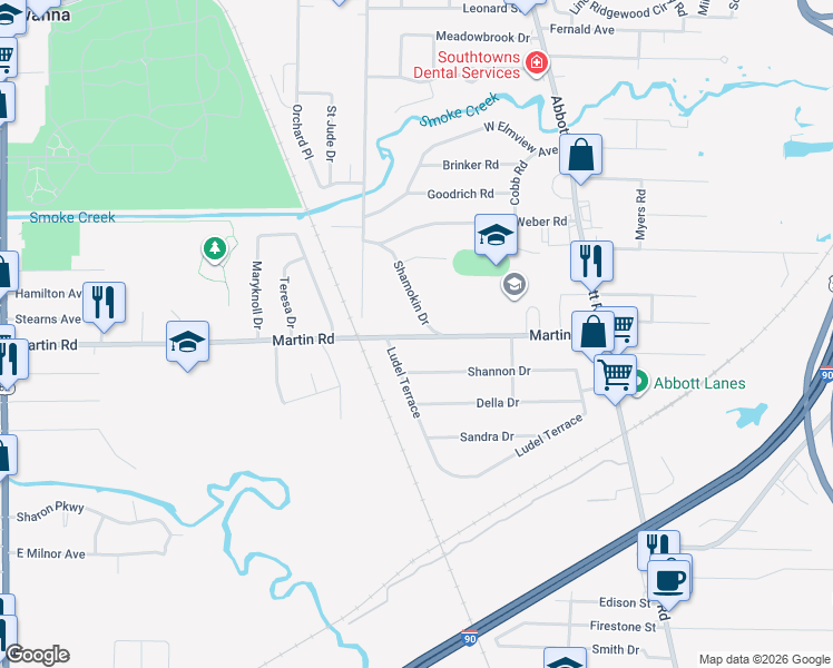 map of restaurants, bars, coffee shops, grocery stores, and more near 24 Ludel Terrace in Lackawanna