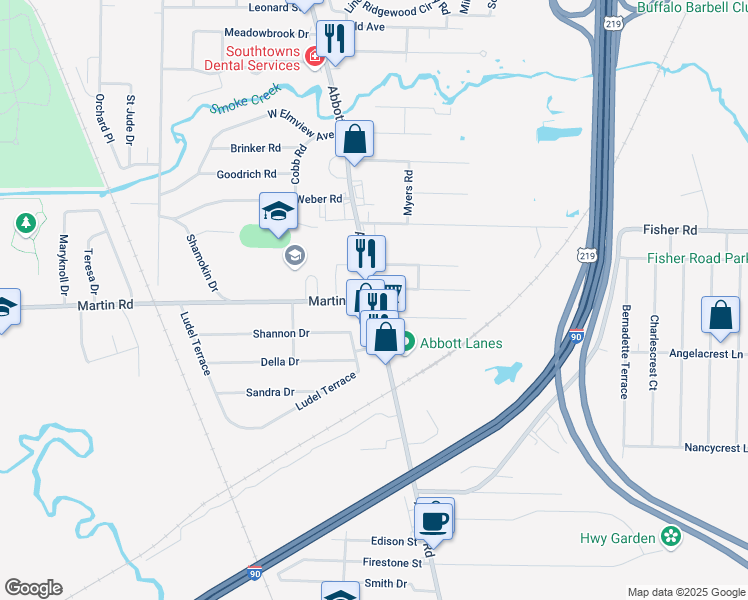 map of restaurants, bars, coffee shops, grocery stores, and more near Abbott Rd & Martin Rd in Lackawanna