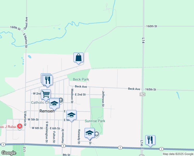 map of restaurants, bars, coffee shops, grocery stores, and more near 501-599 Beck Avenue in Remsen