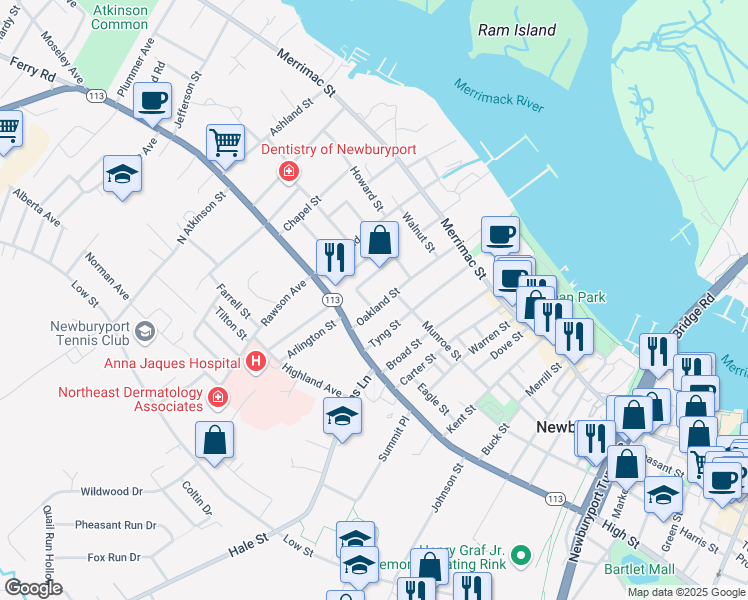map of restaurants, bars, coffee shops, grocery stores, and more near 40 Tyng Street in Newburyport