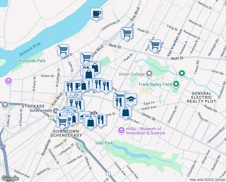 map of restaurants, bars, coffee shops, grocery stores, and more near 709 Union Street in Schenectady