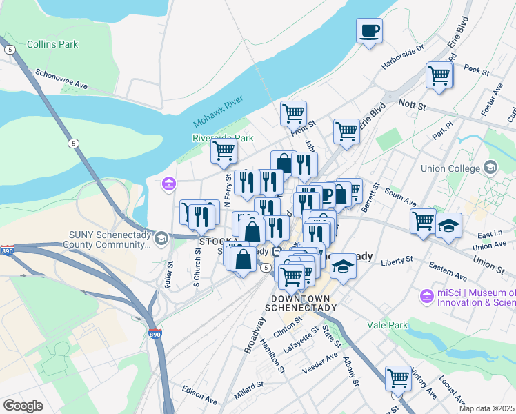 map of restaurants, bars, coffee shops, grocery stores, and more near 238 Union Street in Schenectady