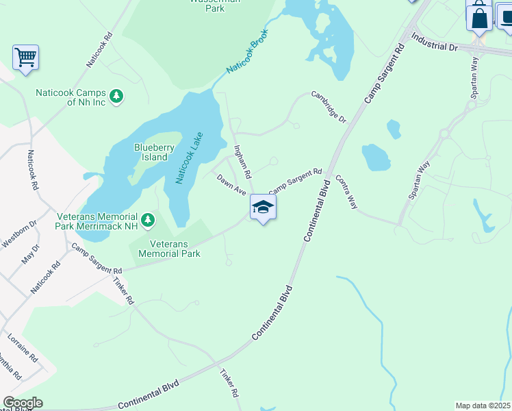 map of restaurants, bars, coffee shops, grocery stores, and more near 134 Camp Sargent Road in Merrimack