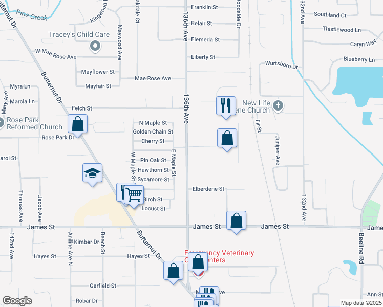 map of restaurants, bars, coffee shops, grocery stores, and more near 605 136th Avenue in Holland
