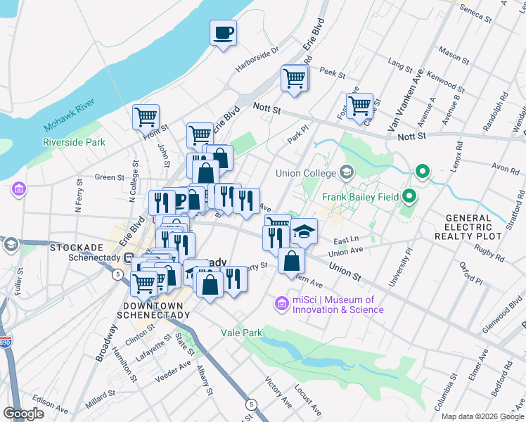 map of restaurants, bars, coffee shops, grocery stores, and more near 709 Union Street in Schenectady