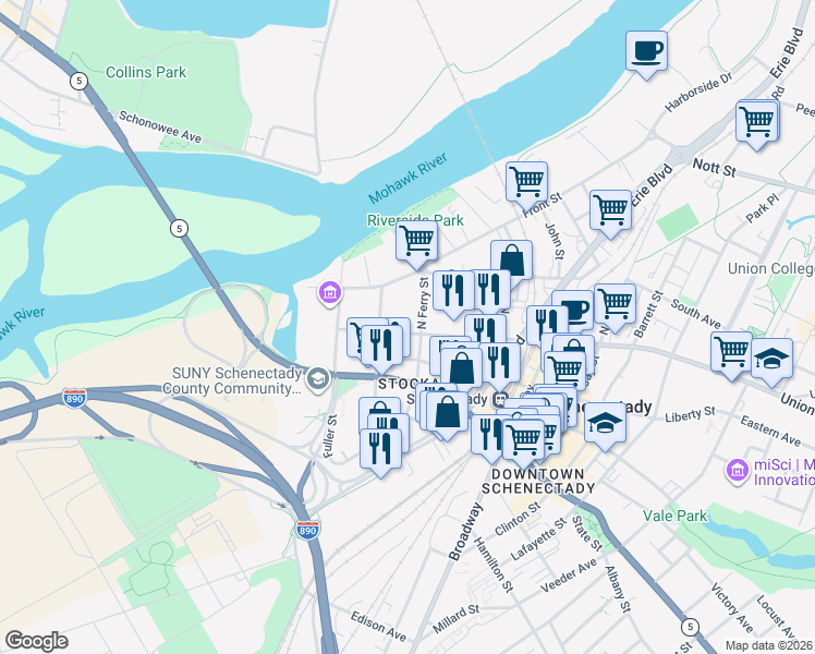 map of restaurants, bars, coffee shops, grocery stores, and more near 111 Union Street in Schenectady