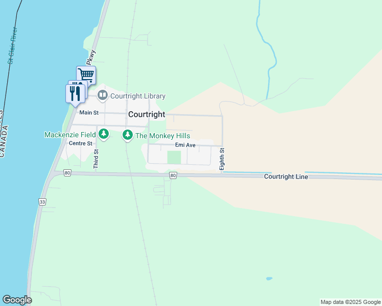 map of restaurants, bars, coffee shops, grocery stores, and more near 1582 Councillors Street in Courtright