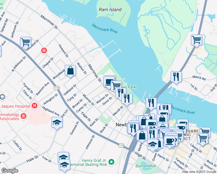 map of restaurants, bars, coffee shops, grocery stores, and more near 7 Carter Street in Newburyport