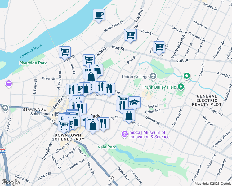 map of restaurants, bars, coffee shops, grocery stores, and more near 709 Union Street in Schenectady