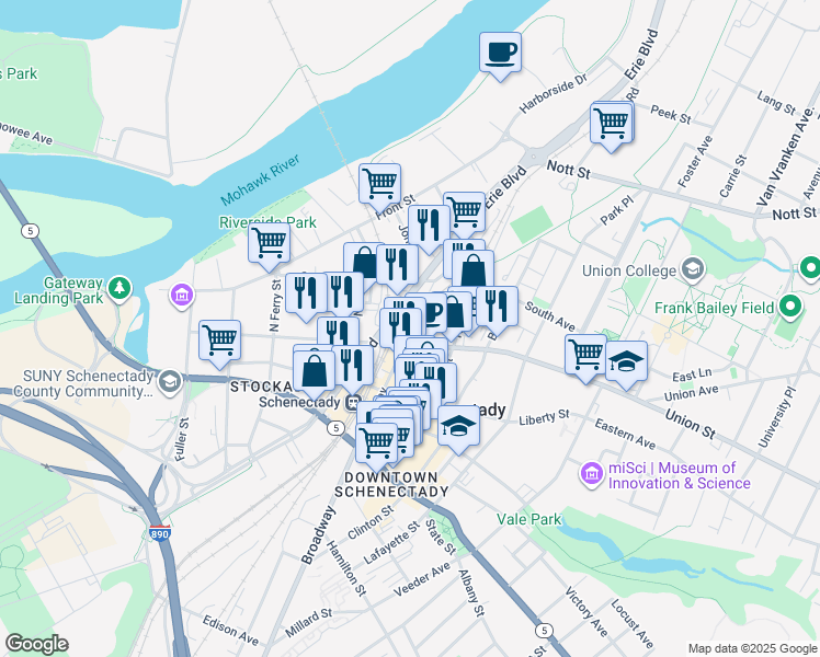 map of restaurants, bars, coffee shops, grocery stores, and more near 17 Broadway in Schenectady