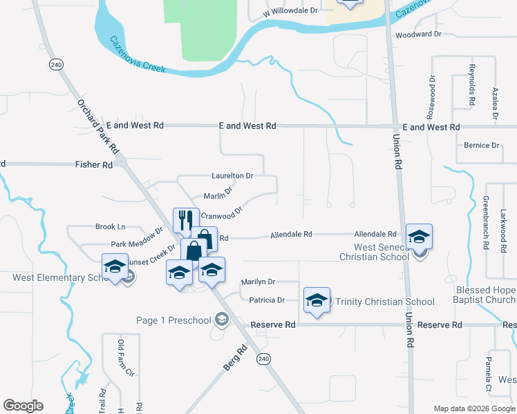 map of restaurants, bars, coffee shops, grocery stores, and more near 153 Cranwood Drive in Buffalo