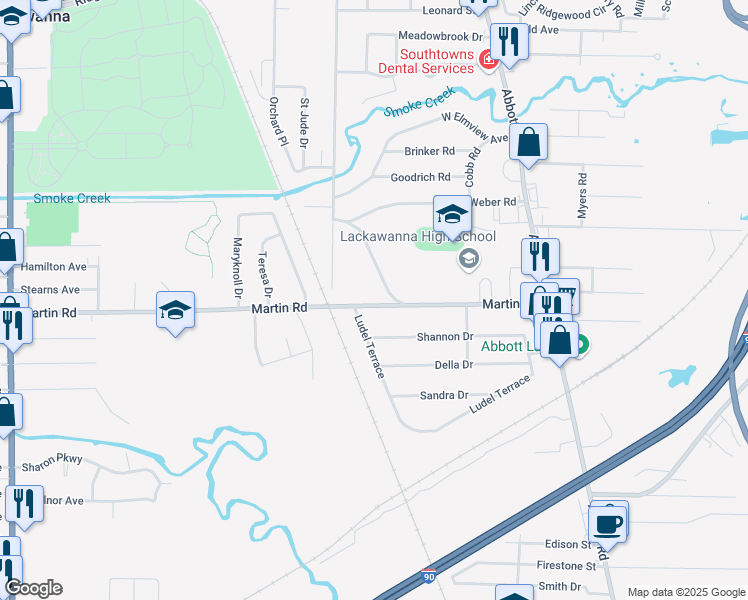 map of restaurants, bars, coffee shops, grocery stores, and more near 24 Ludel Terrace in Lackawanna