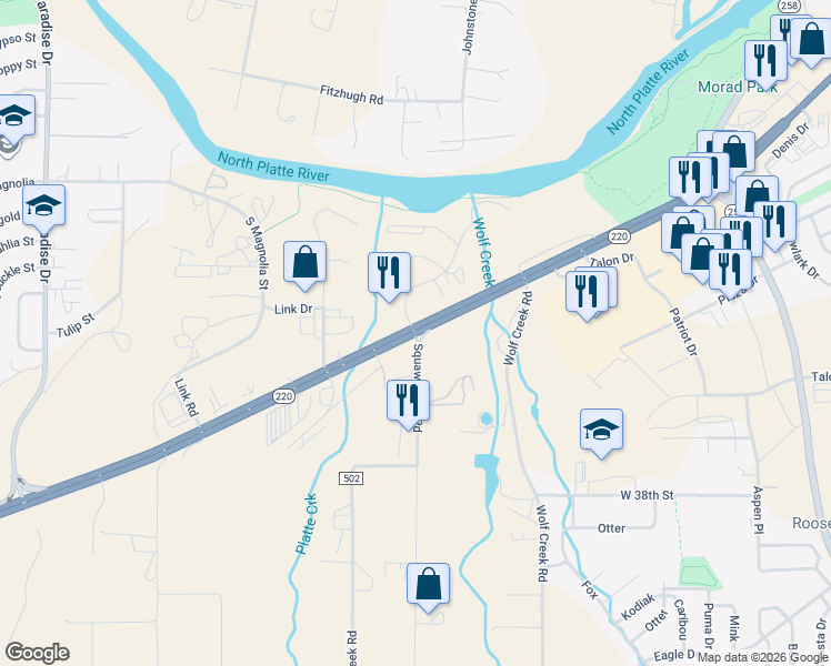 map of restaurants, bars, coffee shops, grocery stores, and more near County Road 502 in Casper