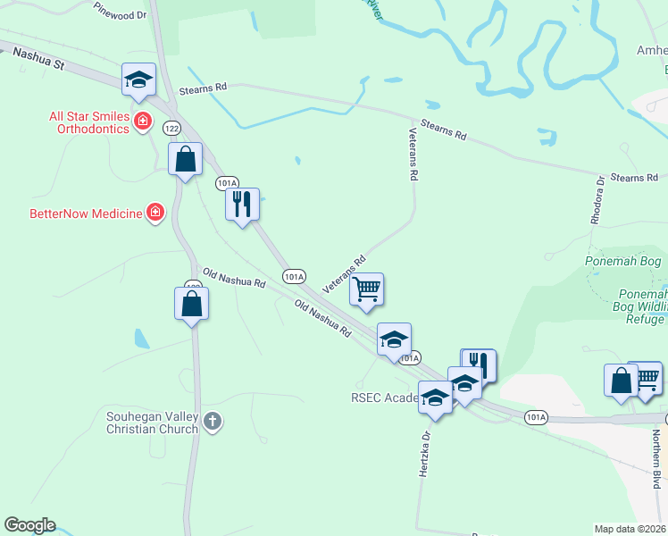 map of restaurants, bars, coffee shops, grocery stores, and more near 4 Veterans Road in Amherst