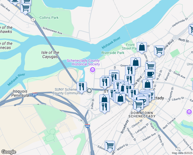 map of restaurants, bars, coffee shops, grocery stores, and more near 5 Union Street in Schenectady