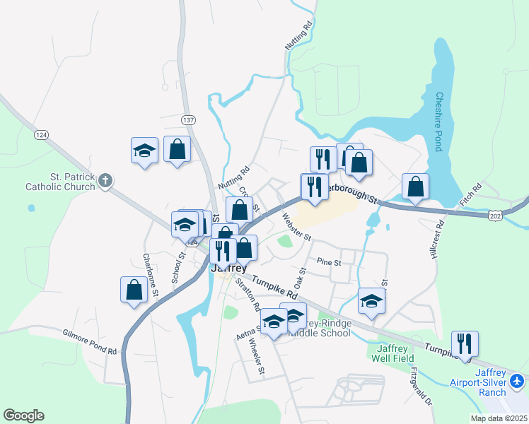 map of restaurants, bars, coffee shops, grocery stores, and more near 27 Cross Street in Jaffrey