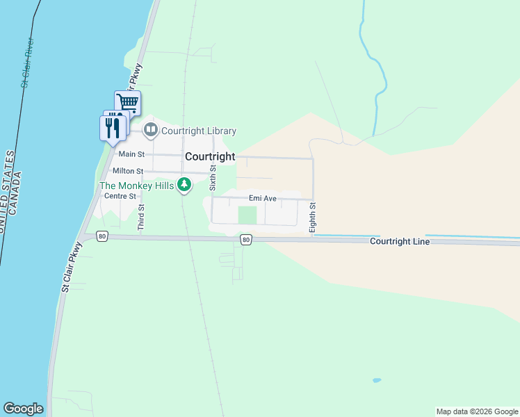 map of restaurants, bars, coffee shops, grocery stores, and more near 125 Templeton Crescent in Courtright