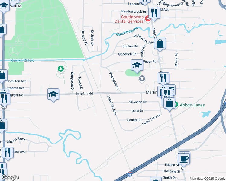 map of restaurants, bars, coffee shops, grocery stores, and more near 24 Ludel Terrace in Lackawanna