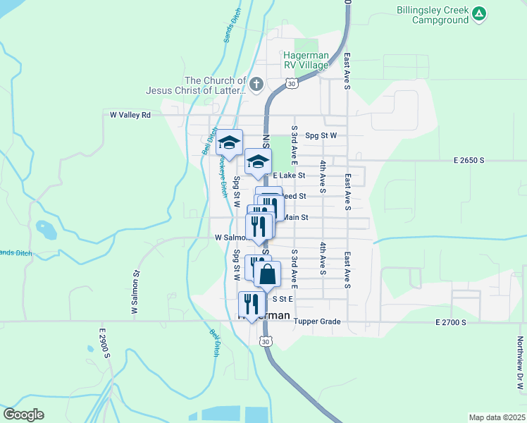 map of restaurants, bars, coffee shops, grocery stores, and more near 100 North State Street in Hagerman