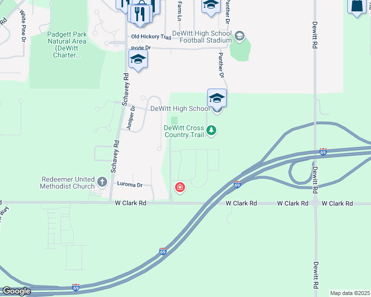 map of restaurants, bars, coffee shops, grocery stores, and more near 3080 Moccasin Drive in DeWitt