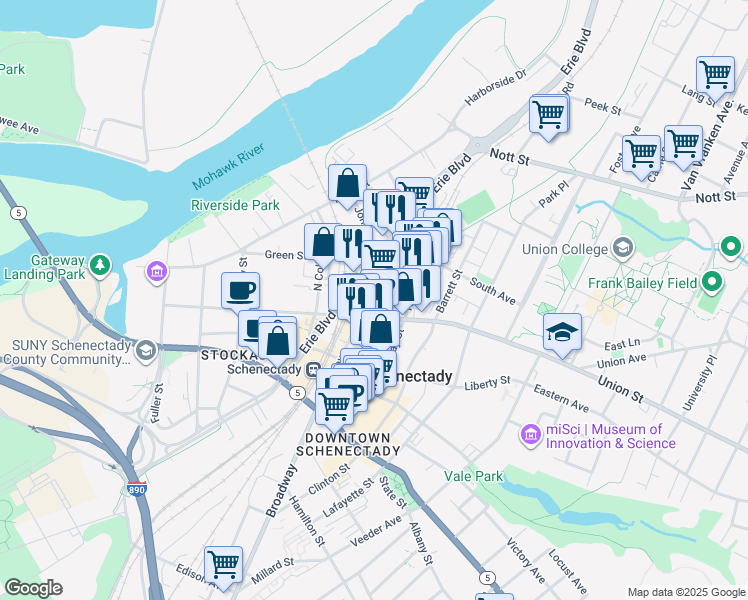 map of restaurants, bars, coffee shops, grocery stores, and more near 403 Warren Street in Schenectady