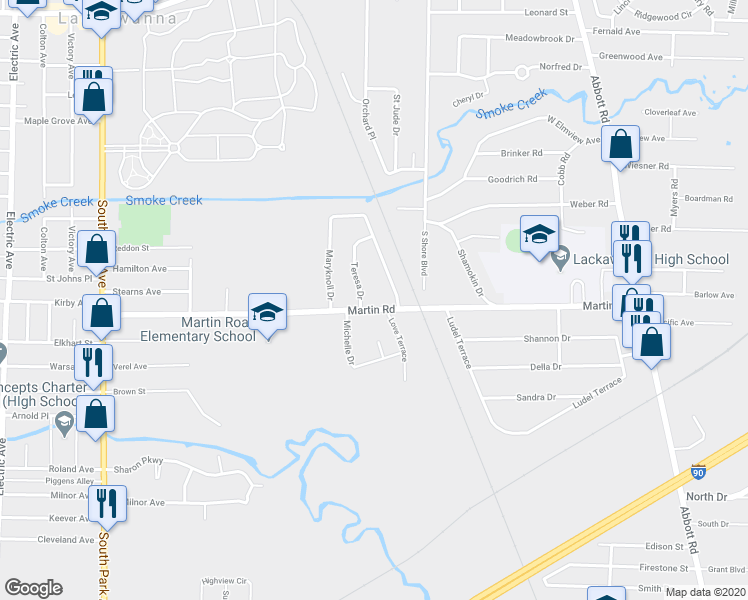 map of restaurants, bars, coffee shops, grocery stores, and more near 312 Martin Road in Buffalo
