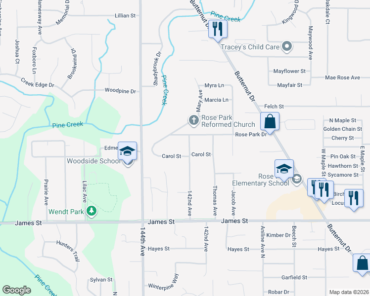 map of restaurants, bars, coffee shops, grocery stores, and more near 14240 Rose Park Drive in Holland
