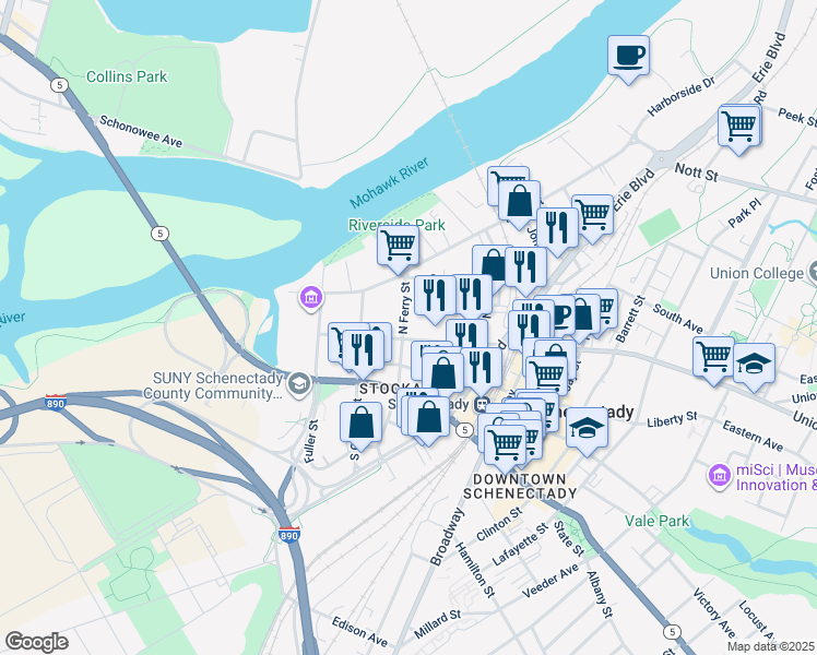 map of restaurants, bars, coffee shops, grocery stores, and more near 30 North Ferry Street in Schenectady