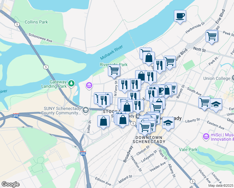 map of restaurants, bars, coffee shops, grocery stores, and more near 2 North Ferry Street in Schenectady