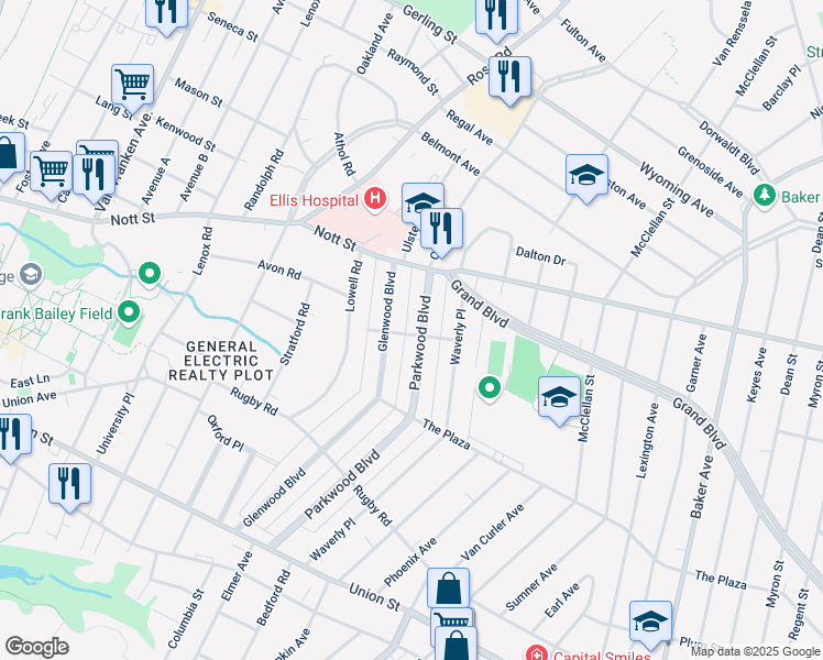 map of restaurants, bars, coffee shops, grocery stores, and more near 1373 Parkwood Boulevard in Schenectady
